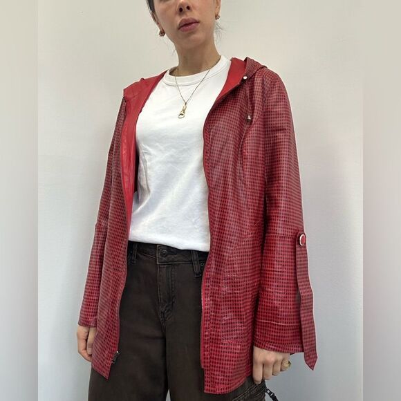 Kircilar Reversible Red Plaid Leather Coat Hooded Lightweight Size S - Picture 2 of 14